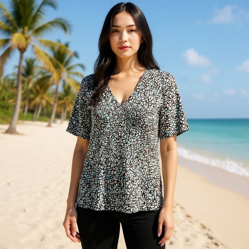 Bay‎ Studio Career Women 1X Abstract Mosaic Print V Neck 3/4 Sleeve Top Blouse